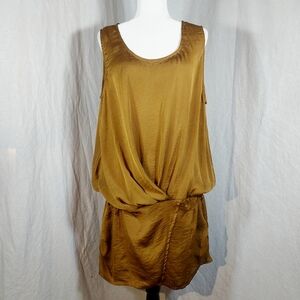 OXMO green gold silky sleeveless blouson drop-waist mini dress, XL, EUC